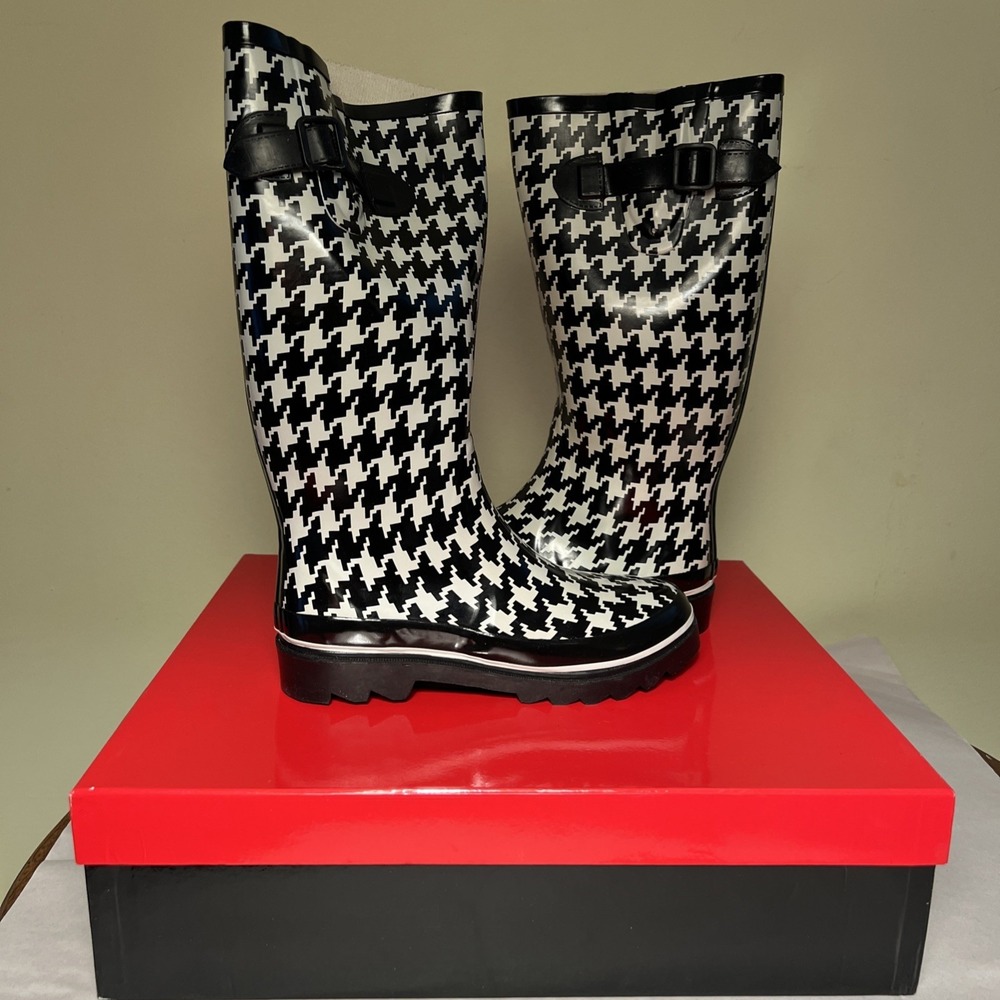 NEW Talbots Showers Black & White Houndstooth Check Rubber Rain Boots Sz 7 M